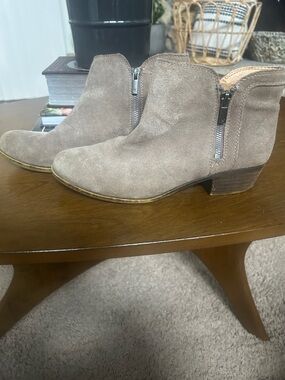 Prep your fall wardrobe! Lucky Brand Taupe Suede Ankle Bootie with Side Zip